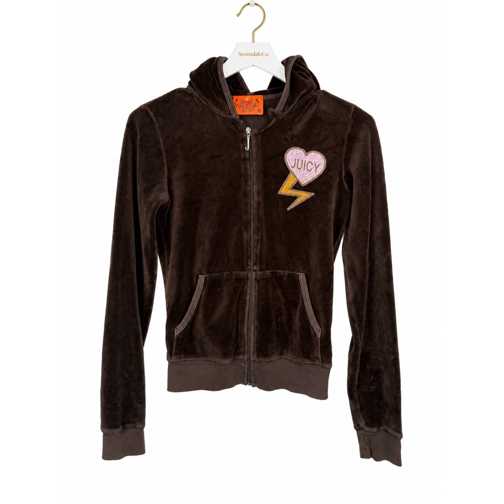 Juicy Couture Hoodie Womens S Brown Velour Vintage Orange Tag Y2K Heart Logo